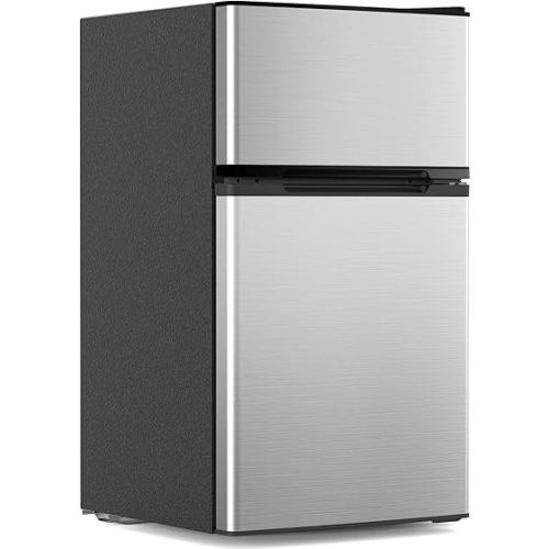 Electactic 3.1 Cu.Ft Mini Fridge with Freezer, 2 Door Compact Refrigerator, Mini Fridge with Adjustable Removable Glass Shelves for Bedroom, Office, Dorm or Apartment, Stainless Steel