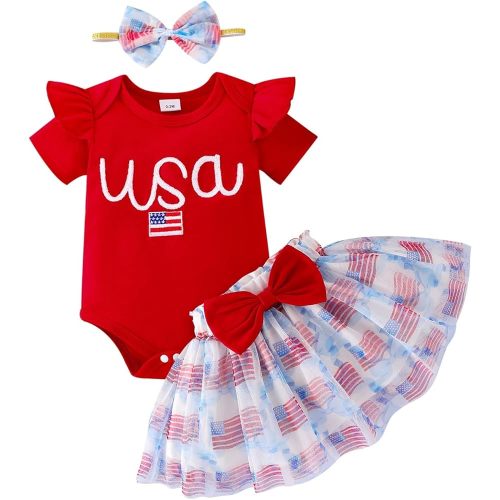 4th of July Baby Girl Outfits Summer Clothes Newborn Ruffled Romper American Flag Dress with Bow Headband 0-18 Months