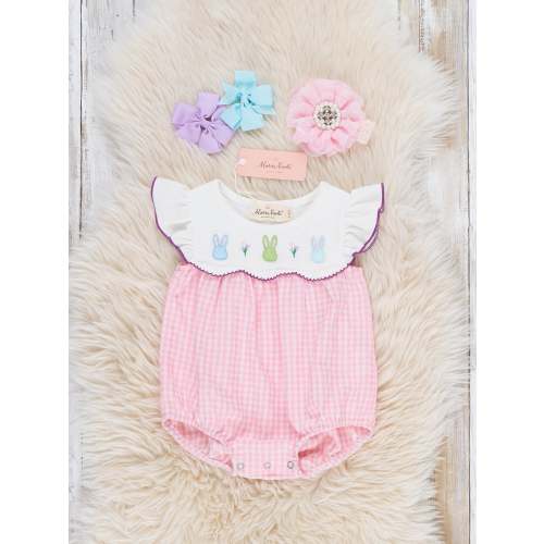Bunny Lineup Gingham Embroidered Ruffle Bubble Romper