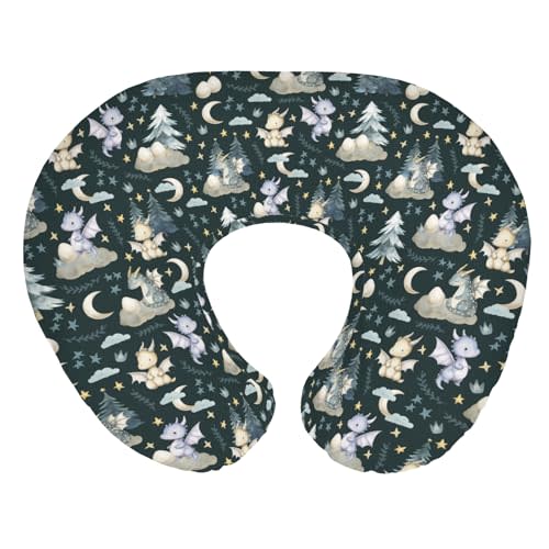 Fairytale Dragons Baby Nursing Pillow Cover for Boy Girl Cute Dragon Moon Stars Clouds Trees Eggs Nursery Pillowcase for Breastfeeding Pillows Fantasy Animal Soft Stretchy Slipcover for Newborn Infant