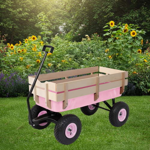 Heavy Duty Steel Wagon with Wooden Side,Effortless Foldable Handle Cart with All-Terrain Air Tires,Load Capacity 220lbs, Outdoor All-Terrain Cargo Wagon for Towing Kids Toys,Gardening Supplies,Pink