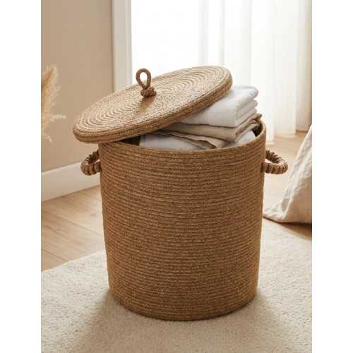 Large Handwoven Jute Laundry Basket with Lid, Natural Boho Storage Hamper
