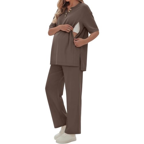 2 Piece Maternity Nursing Set Postpartum Breastfeeding Short Sleeve Zipper Shirts Wide Leg Pants Pregnancy Clothes