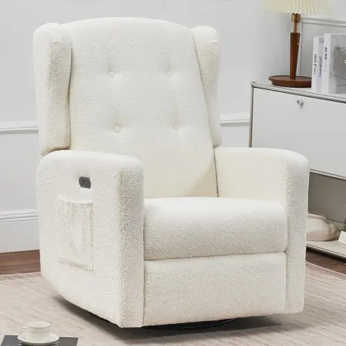 Ketaiyou Power Swivel Rocking Recliner Chair, High Back Electric Rocker Nursery Glider Chair, USB and Type-C Ports, Upholstered Teddy Fabric Reclining Single Sofa Chair for Living Room (Teddy Beige)