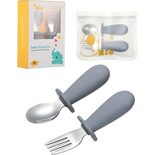 Toddler Spoon and Fork Set,Baby Spoon Self Feeding Toddler Utensils Fork,Stainless Steel Silverware with Food-Grade Silicone Grip,8 Months+(Grey)