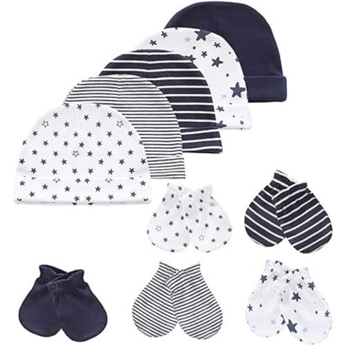MAMIMAKA Baby Hat and Mittens Set Newborn Baby Hats Caps for Baby Boys Girls 0-6 Months 100% Cotton