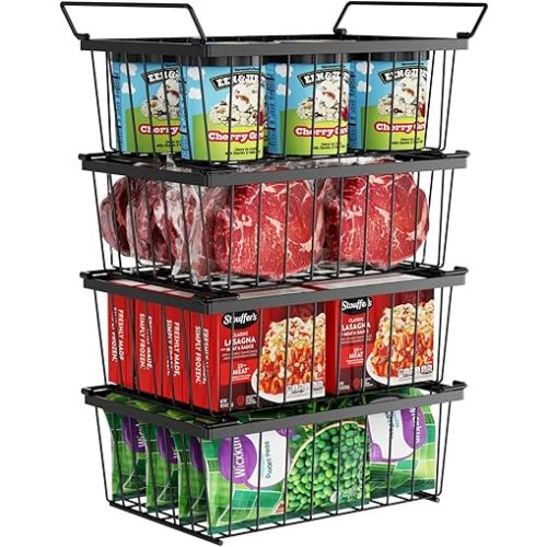 iSPECLE Freezer Organizer Bins, 4 Pack Stackable Chest Freezer Organizer for 5 Cu.Ft Deep Freezer, 14" x 9.4" Heavy Duty Wire Baskets with Handles, Easy Access to Sort Meat & Veggies, Black