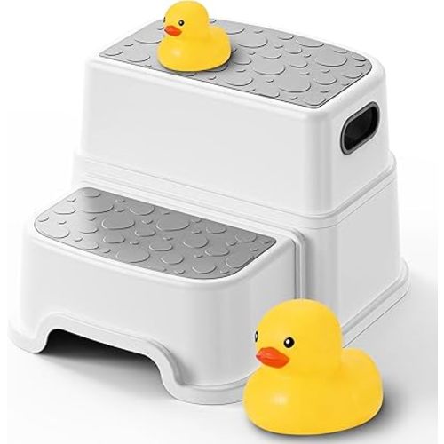 UNCLE WU Toddler Step Stool for Potty Training, Bathroom Sink & Toilet - 2 Step Kids Poop Stool, Non-Slip Step Stool with Handles, Dual Height Stepping Stool for Kitchen Counter (Include 2 Ducks)