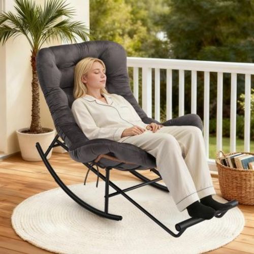 Indoor Papasan Rocking Chair, Rattan Rocker with Extendable Footrest & Detachable Flannel Cushion, 352LBS Sturdy Large Reading Lounge Chair, Grey