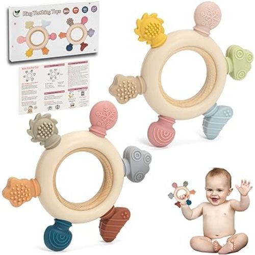 Lot de 2 jouets de dentition pour bébé, anneau de dentition en silicone pour les besoins de succion, jouets pour bébé sans BPA 0-3-6-12 mois, accessoires d'allaitement à mâcher pour soulager la douleur de dentition