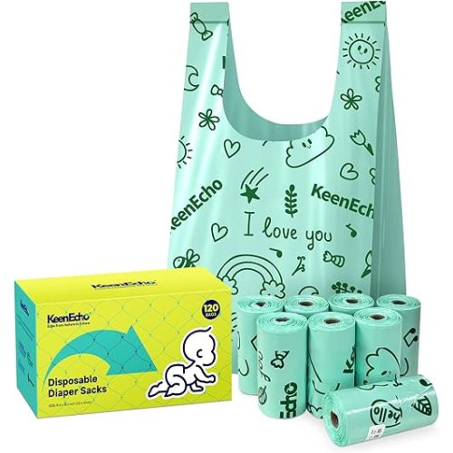 KeenEcho Disposable Diaper Bags with Handles 120 Count (8 Rolls), Unscented Leak-Proof Diaper Trash Bags & Sacks or Pet Waste Bag, Ocean Recycled Plastic, Green