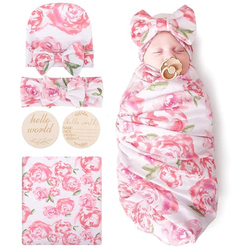 BQUBO Baby Girl Newborn Floral Receiving Blankets with Bow Hat Headband Wooden Birth Announcement Card Set Newborn Baby Swaddling Hats Sleepsack Toddler Warm Shower Gift