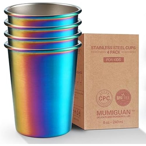 Stainless Steel Cups for Kids 7.8oz/230ml (4 Pack), Children's Rainbow Electroplating Cups, Camping Stainless Steel Cups, Stackable Metal Drinking Glasses, Toddler Stainless Steel Tumbler, BPA Free
