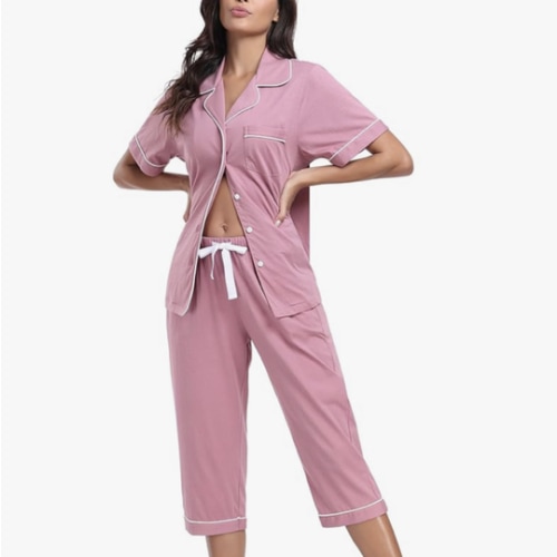 COLORFULLEAF 100% Cotton Women's Pajama Sets Short Sleeve Capri Pajamas for Women Set Button Down Pjs Soft Sleepwear Summer