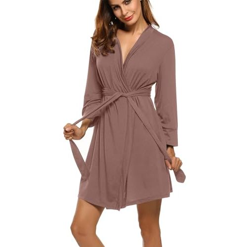 HOTOUCH Womens Robe Lightweight Short Knit Bathrobe Soft Ladies Sleepwear | Super Soft Knit Fabric,3/4 Sleeves with Elastic Cuffs,Two Side Pockets,Fixed Belt,Knee Length.