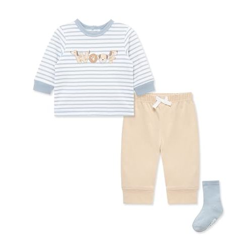 Little Me Baby Boys' 3-Piece Jogger Set, Crew Neck Shirt, Stripe Pant, and Coordinating Socks, 3 to 24 Months