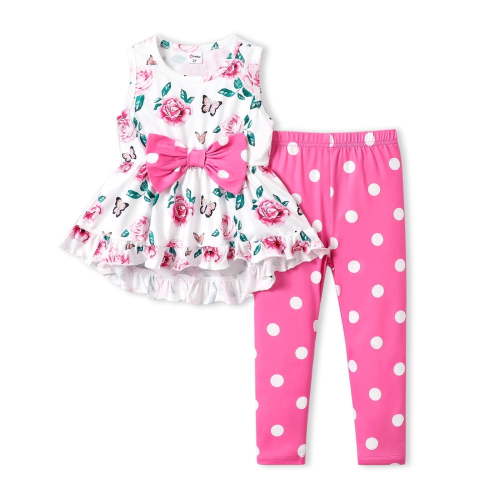 PatPat Toddler Girls Clothes Baby Girls Outfits 2 Piece Floral Bowknot Ruffled Sleeveless Tee and Dots Pants Set, Pink, 3-4T
