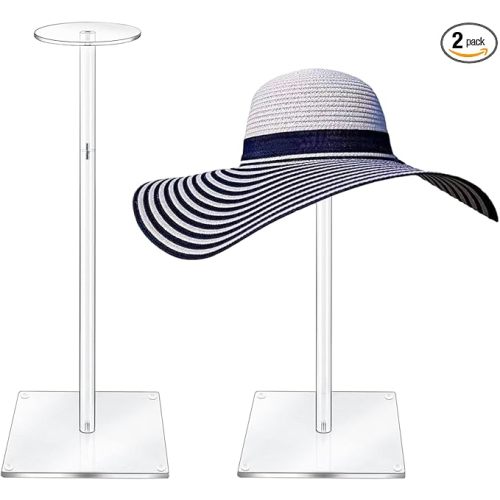 Acrylic Hat Stand and Wig Display Rack, 2pcs 17" Clear Hat Stands for Display, Adjustable Height Hat Holder, Square Barbell Base Display, Hat Rack Stand for Display Jewelry Watch Helmets