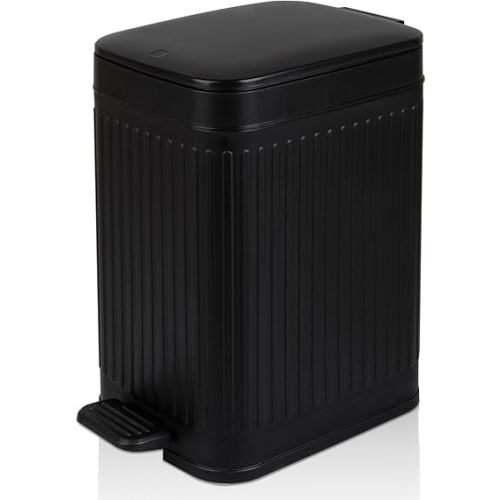 rejomiik Small Bathroom Trash Can with Lid Slim Soft Close Garbage Can Step Wastebasket Container Trash Bin for Office Bedroom Kitchen Living Room (1.9 Gallon Black)