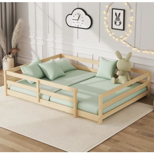 Bellemave Full Size Floor Bed for Kids, Full Floor Bed with High Fence, Wooden Montessori Floor Beds, Oak no slats
