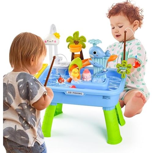 2026 Upgraded Toddler Sand Water Table Toy with Electric Water Pump, Kids Sand Water with Faucet/Play Food Accessories/Fishing Toy, Kitchen Play Sink Toys for Girl Boy Age 3+ (Blue)