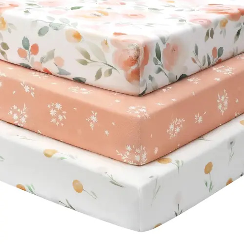 Baby Crib Sheets Girl, 3 Pack Toddler Bed Sheets for 52”x28” Standard Toddler Mattresses, Soft Microfiber Fitted Crib Sheets Neutral Orange Watercolor Flower