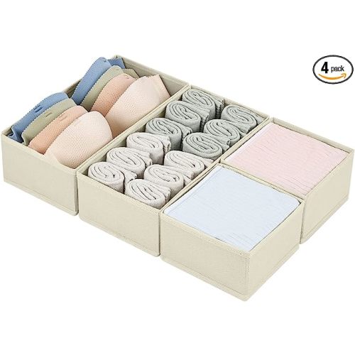 DIMJ Drawer Organizers Clothes, Set of 4 Dresser Organizer Bins, Fabric Closet Organizers and Storage, Shallow Drawer Dividers for Nursery, Clothing, Baby Clothes, Socks, Underwears, Tie (Beige)
