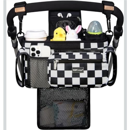 TOPDesign Universal Baby Stroller Organizer, Stroller Caddy with Detachable Mesh Bag & Heightened Insulated Cup Holders & Non-Slip Secure Hooks Accessories, Fits Most Strollers (Checkerboard)