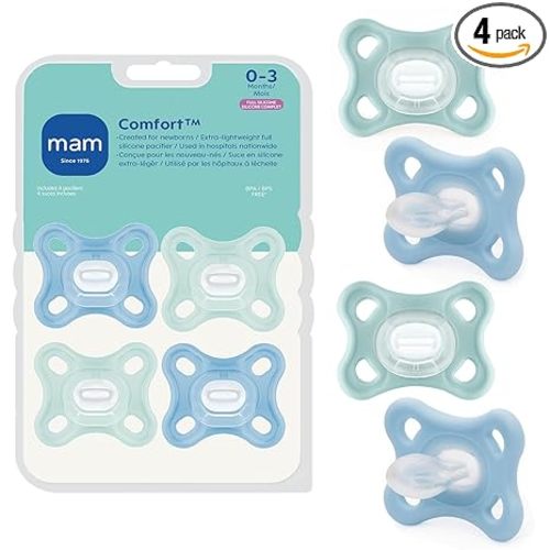MAM Comfort Baby Pacifier 0-3 Months, Specially for Smaller Newborn Mouths, Lightweight One-Piece BPA-Free Silicone, Easy to Clean, Best for Breastfed Babies, 4 Pk, Made in Europe