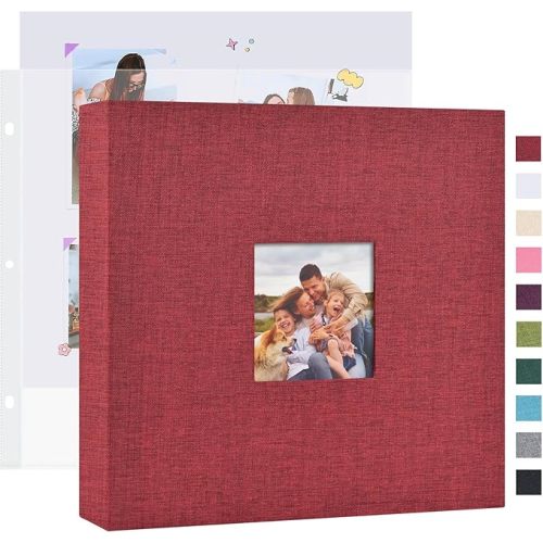 Mublalbum 12x12 Inch DIY Scrapbook Photo Album with 20 Plastic Sleeves 40 Pages Linen Cover 3 Ring Folder Binder for Wedding Baby Family and DIY Projects (Red)