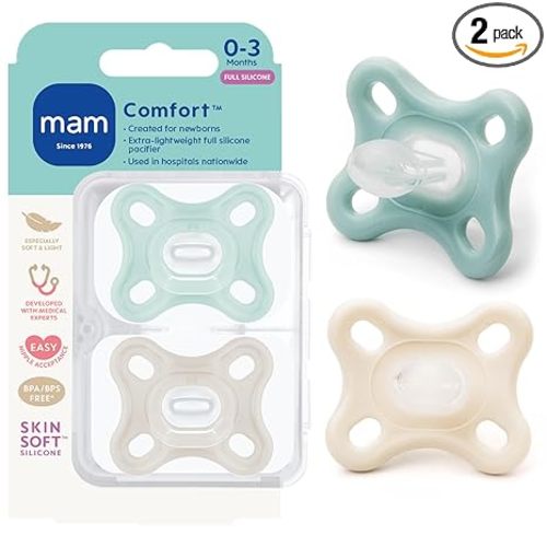 MAM Comfort Baby Pacifier 0-3 Months Specially for Smaller Newborn Mouths, Lightweight One-Piece BPA-Free Silicone, Easy to Clean, Best for Breastfed Babies, 2 Pk, Sterilizer Case, Made in Europe