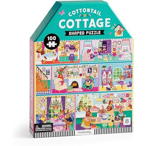 Mudpuppy Cottontail Cottage – 100 Piece Unique House Shaped Scene Puzzle with Colorful and Fun Illustrations of A Bunny Themed House for Children Ages 5-8