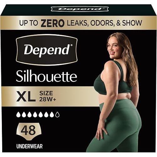 Depend Silhouette Adult Diapers, Incontinence & Postpartum Bladder Leak Underwear for Women, Maximum Absorbency, Extra Large, Black, 48 Count (2 Packs of 24), Packaging May Vary