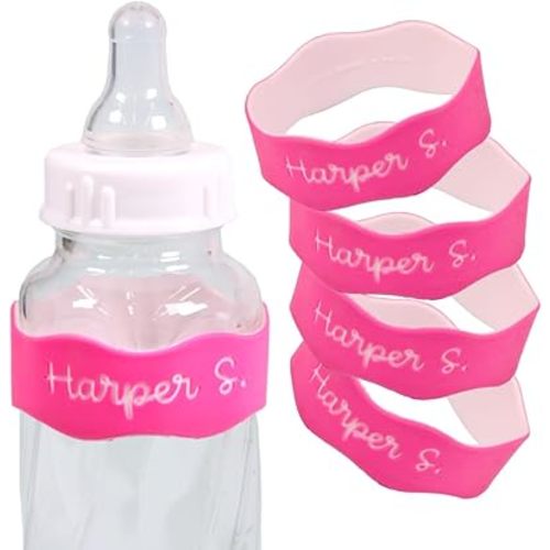InchBug Orbit Labels - Baby Bottle Name Labels for Daycare, Sippy Cup Bands - Engraved Silicone, Reusable, Dishwasher Safe, White Contrasting Personalization, 4-Pack (Flamingo Pink)
