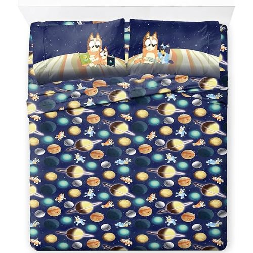 Jay Franco Kids Sheet Set with Fitted, Flat Sheets & Pillow Cover - Ultra-Soft Bedding with Pillowcase for Room Decor, Blue - Bluey & Bingo, 4 Piece Full