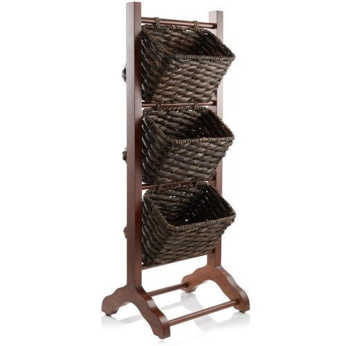 Casafield 3-Tier Floor Stand with Hanging Storage Baskets, Walnut/Espresso - Wood Tower Rack for Bathroom, Kitchen, Laundry, Living Room