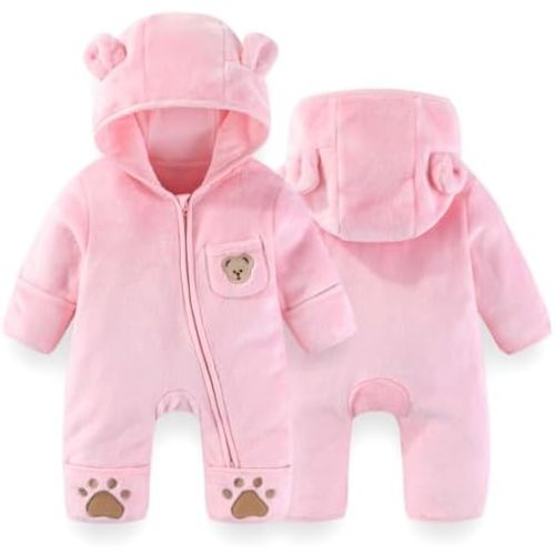 Newborn Baby Bear Outfit With Fold-Over Mittens and Footies Thin Fleece Romper Hooded Jumpsuit Winter Coat Girls Boy 0-12 M