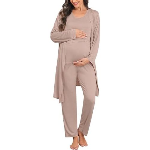 SWOMOG Maternity Nursing Robe Set 3 PCS Postpartum Breastfeeding Pajamas Lounge Hospital Pregnancy Pjs with Robe