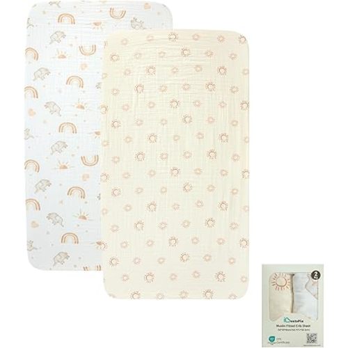 Crib Sheets 2 Pack, 100% Cotton Baby Crib Sheets for Mattress, Soft & Gentle for Your Baby, 52 x 28 Inch, Sunshine Safari Parade