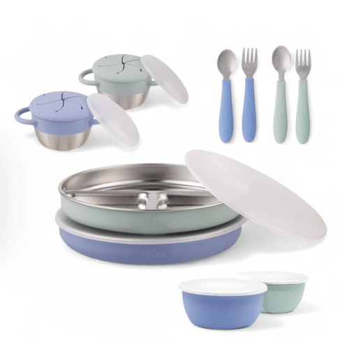 Stainless Steel Mealtime Bundle | Plates, Bowls, Snack Cups + Toddler Utensils | Normal Sleeves | Sage/MistyBlue
