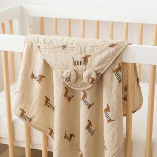 Gender Neutral Baby Shower Gift, Dachshund Swaddle Muslin Hooded, Newborn Sleep Blanket, Scandi Nursery Baby Gift Dog Print