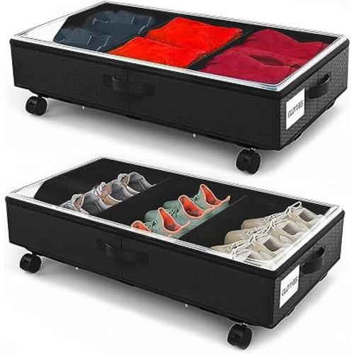 2 Pack Under Bed Storage Rolling Metal Frame Underbed Containers with Wheels Lid Visiable Window Storage Bag Box Organizer Home Closet Organization Drawer Bins for Clothes Shoes Toys Blanketss Black