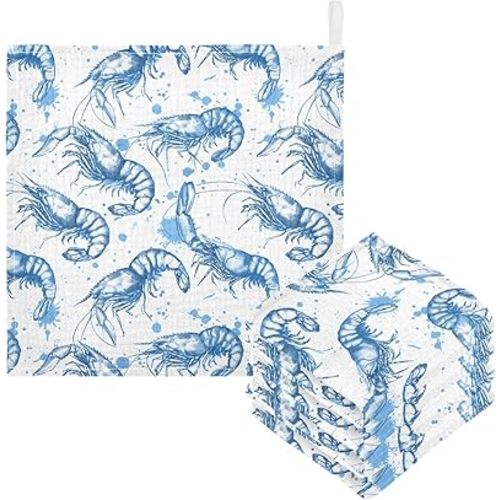 Bolaz Washcloths Set Bathroom Kitchen Wash Cloths Face Towels Wipes Shrimps Blue Decorative 12x12 Inch 5 Pack