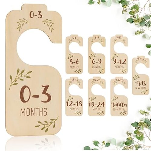 Baby Closet Dividers for Clothes Organizer - Set of 8 Beautiful Wooden Double-Sided Baby Clothes Size Hanger Organizer from Newborn to 24 Months for Boho Nursery Decor