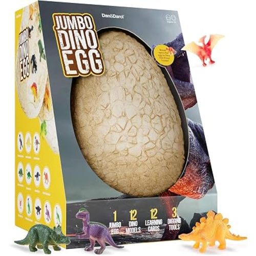 Dan&Darci Jumbo Dino Easter Egg - Unearth 12 Unique Large Surprise Dinosaurs in One Giant Filled Egg -Easter Gifts for Kids - Discover Dinosaur Archaeology Science STEM Crafts Gifts for Boys & Girls