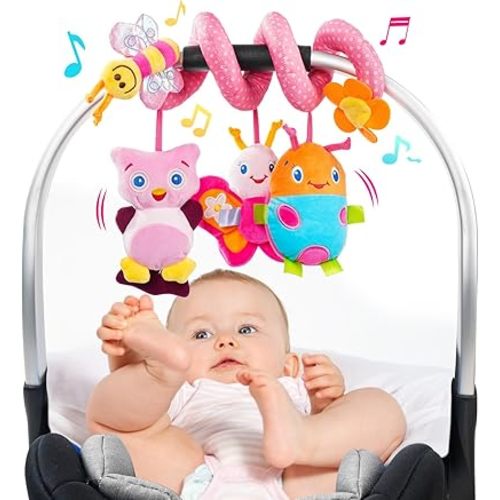 Jollybaby Crib Stroller Car Seat Toys for Baby 0-3-6-9-12 Months, Tummy Time Hanging Sensory Toys for Newborn with Music Box and Teether, Spiral Carseat Toy for Infant Boys Girls Gifts (13-Pink)