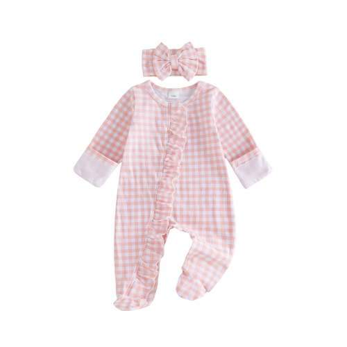 Svuitmsl Premium Newborn Baby Girl Hospital Going Home Outfit Spring Fall Winter Clothes Plaid Gingham Footed Romper Long Sleeve Ruffled Zipper Footie Jumpsuit with Headband