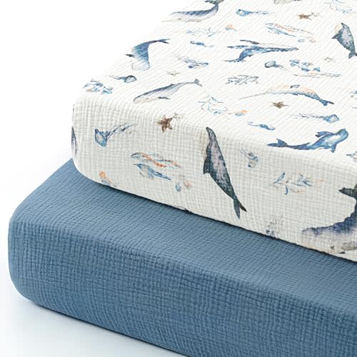 GRSSDER 100% Cotton Muslin Crib Sheet 2 Pack - Breathable & Ultra-Soft Fitted Crib Sheets for Standard Baby & Toddler Mattresses, 52"x28" with 9" Deep Pocket, Snug Fit All-Around Elastic