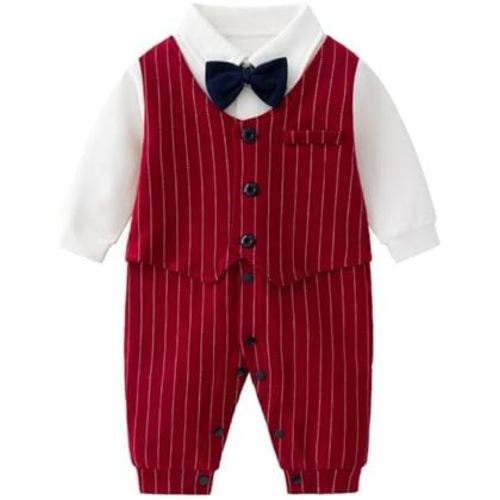 Newborn Baby Boy Gentleman Romper Tuxedo One-Piece Outfit with Bow Tie, 100% Cotton Long Sleeve Formal Wear