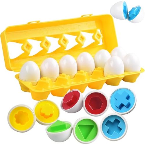 CPSYUB Matching Egg Toy 12 PCS for Toddlers Ages 1-3 Kids, Easter Eggs Shape & Color Recognition with Carton, Montessori Sensory Sorter Toddler Toys for Travel Play, Gifts for Year Old Baby (Yellow)